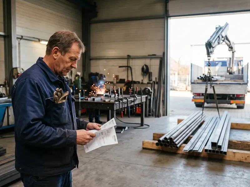 Metallbaumeister prüft am Hallentor Lieferschein und Wiegeschein zur frisch abgeladenen Stahllieferung