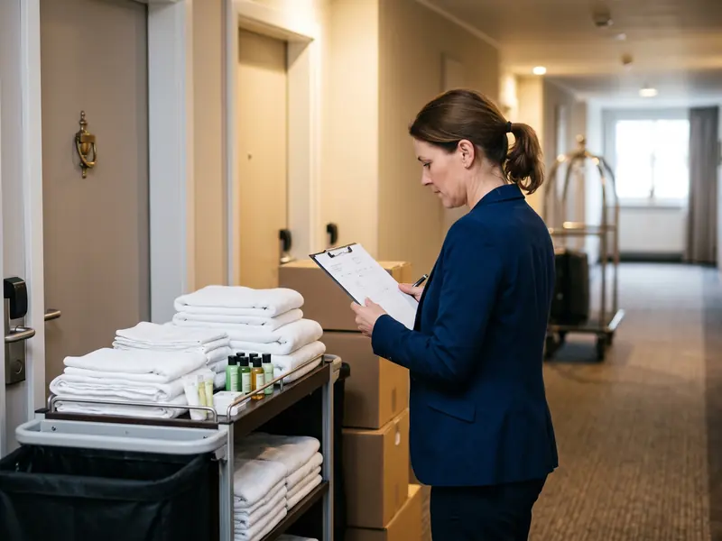 Hausdame im Hotelflur prüft gelieferte Wäsche und Frühstücksware am Klemmbrett gegen den Lieferschein, daneben der Wagen mit Handtüchern und Amenities